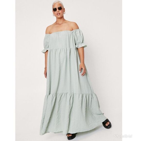 Nasty Gal Plus Size Textured Smock Off The Shoulder Maxi Dress - Picture 1 of 8